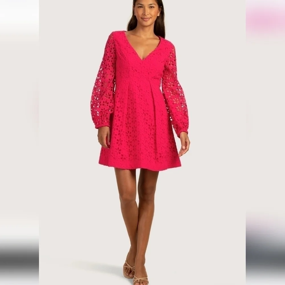 Trina Turk Grazia Dress in Passion Pink 2 Eyelet Lace Unlined Sleeves Cotton